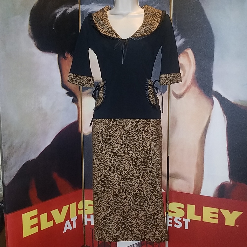 Tatyana 2pc Black Top Leopard Trim & Pockets Button Up Kick Flip Pencil Skirt